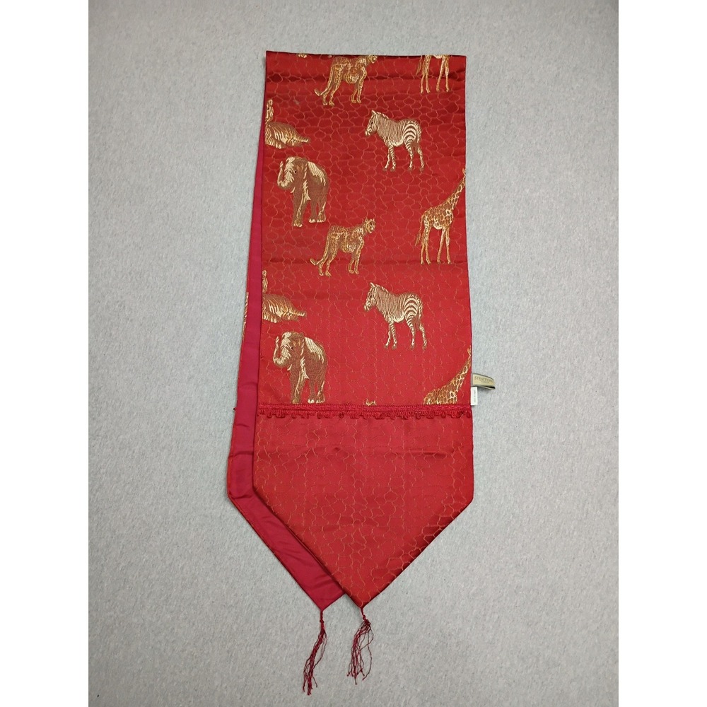 Stratford Home Red Safari Table Runner Gold Embroidered Animals Tassels 71x13